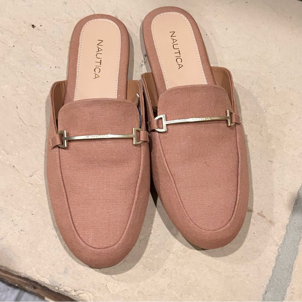 Nautica Labella Tan Gold Logo Buckle Mule Slip‎ On Shoes Size 9
